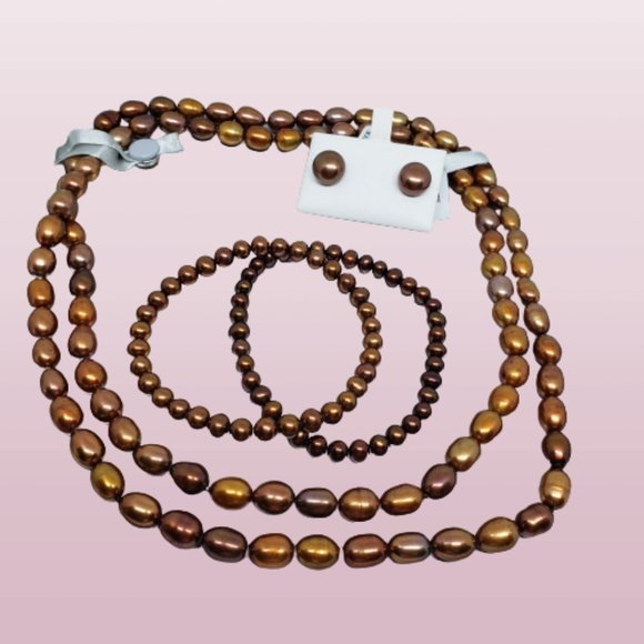 Brown Dyed CFWP Pearl Necklace/2 Bracelets/Earring SET - Picture 2 of 5